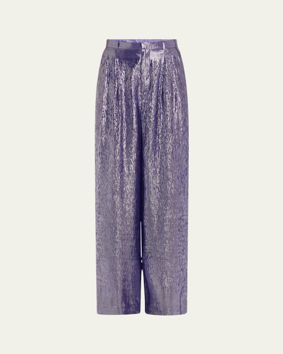 Metallic Voile Pleated Wide Leg Pants